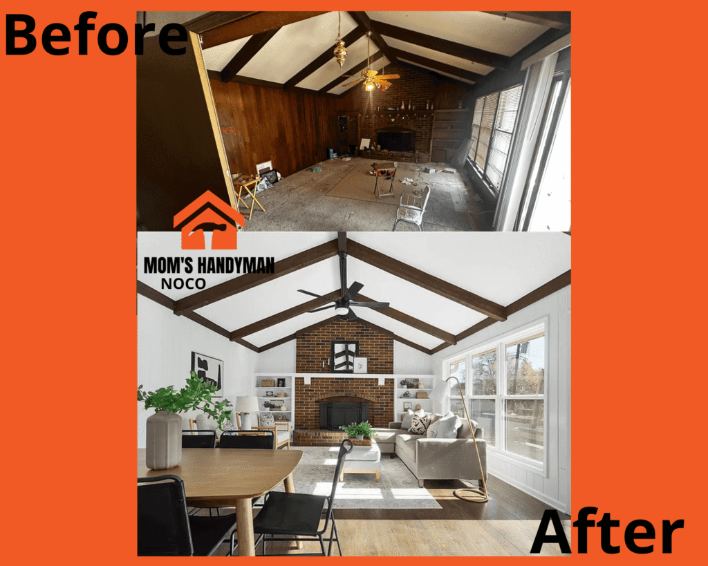 Renovation of an entire den living room space. Painting, windows, flooring, lights