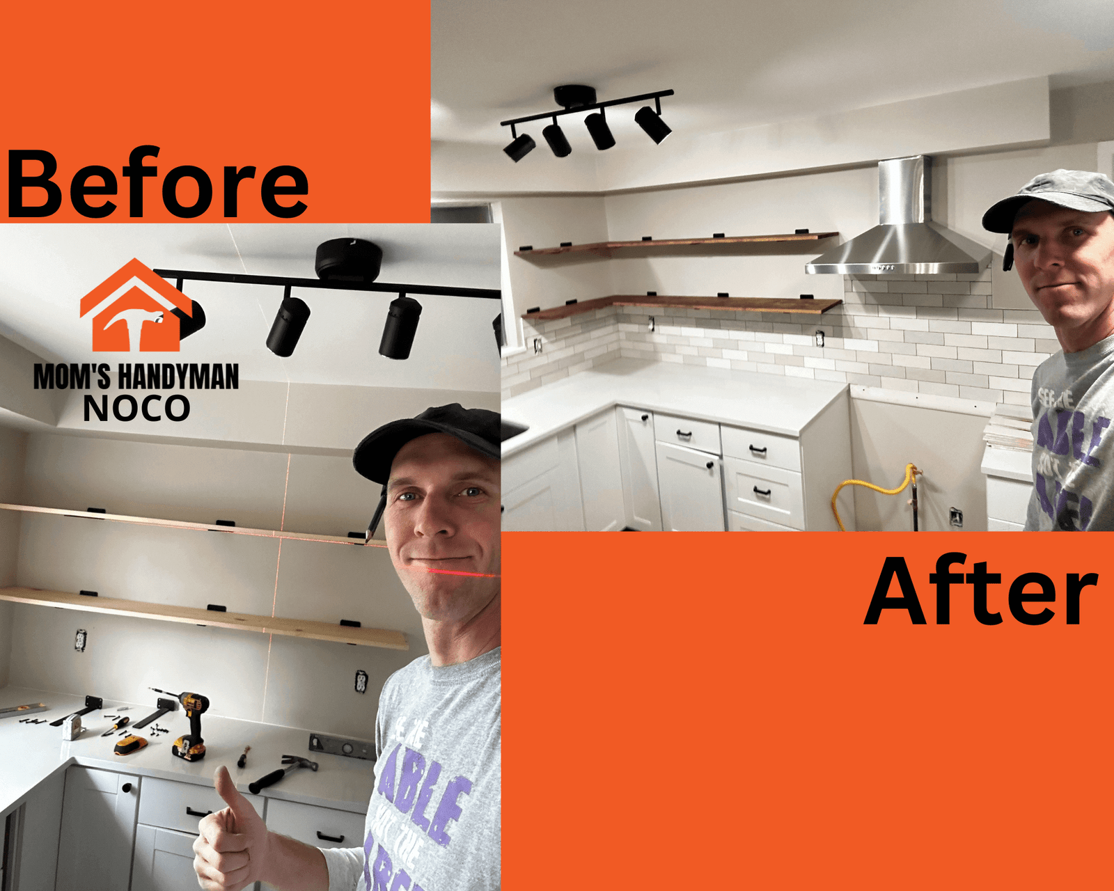 Install open shelves, backsplash tile work, over range hood vent